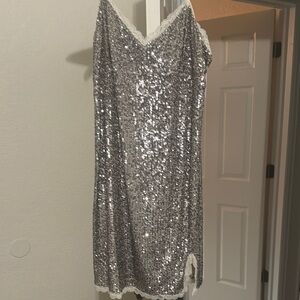 Silver Sequin Strapless Slip Dress with Lace Trim